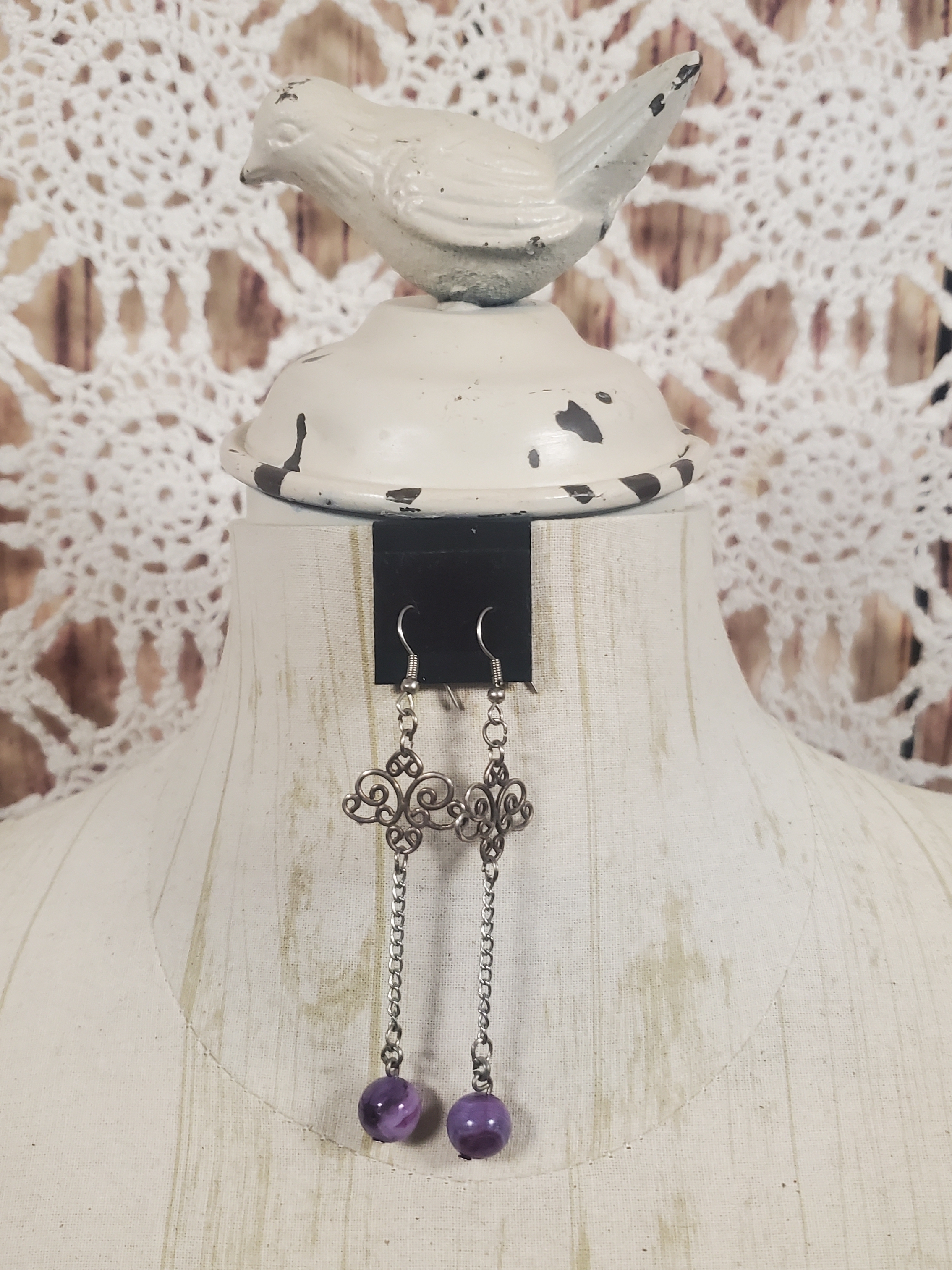 Silver Filigree Drop Earrings With Purple Beads